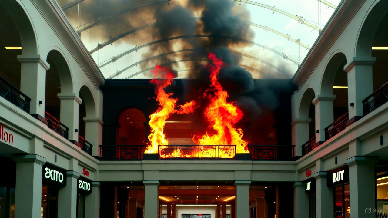 লং আইল্যান্ডের শপিং মলে অগ্নিকাণ্ডের এআই নির্মিত চিত্র। ছবি: গ্রোক